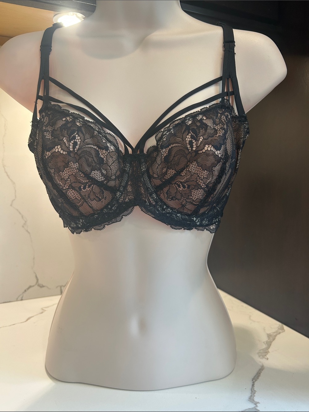 Adore Me Black Lace Strappy Underwire Bra with Floral Embroidery